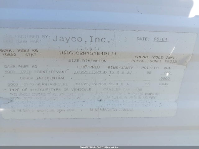 Aukcja sprzedaży 2005 Jayco Jayfl184bh, vin: 1UJCJ02R151E40111, numer aukcji: 45876195