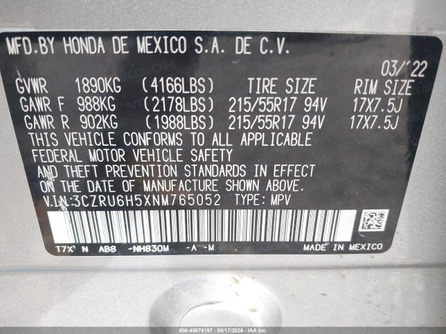 2022 Honda Hr-v Awd Ex მანქანა იყიდება აუქციონზე, vin: 3CZRU6H5XNM765052, აუქციონის ნომერი: 45876197