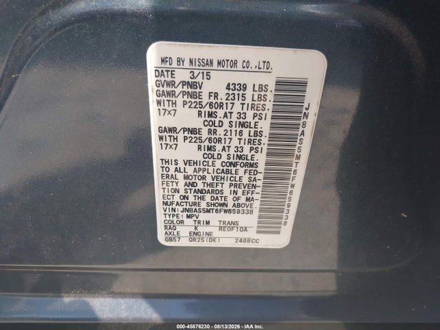2015 Nissan Rogue Select S მანქანა იყიდება აუქციონზე, vin: JN8AS5MT6FW659338, აუქციონის ნომერი: 45876230