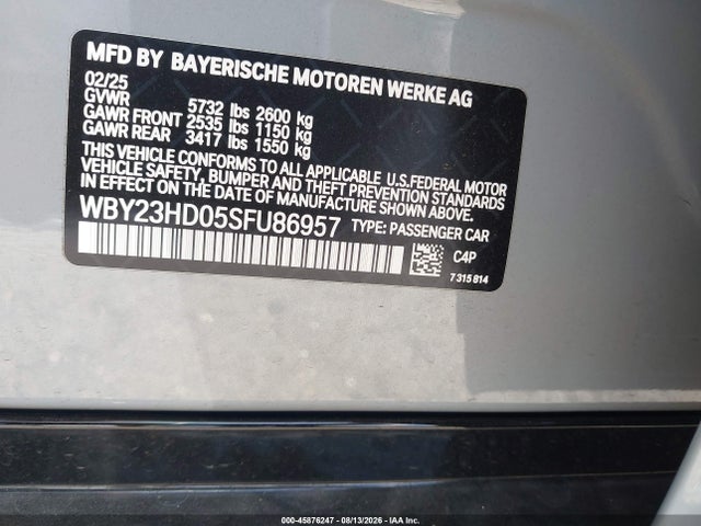 Aukcja sprzedaży 2025 Bmw I4 Gran Coupe Edrive40, vin: WBY23HD05SFU86957, numer aukcji: 45876247
