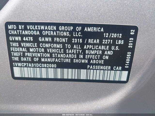 Продаж на аукціоні авто 2013 Volkswagen Passat 2.5l Sel, vin: 1VWCP7A31DC082090, номер лоту: 45876249