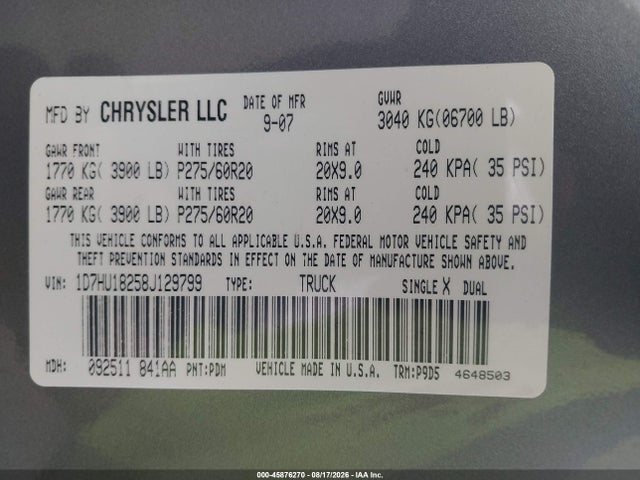 Продаж на аукціоні авто 2008 Dodge Ram 1500 Slt, vin: 1D7HU18258J129799, номер лоту: 45876270