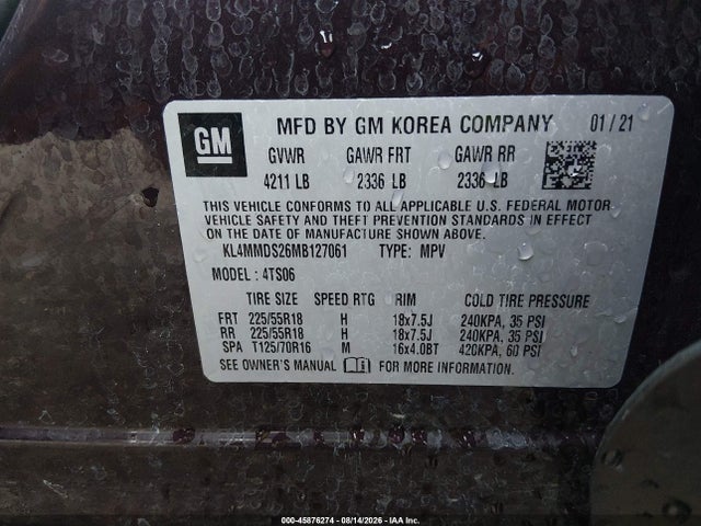45876274 :رقم المزاد ، KL4MMDS26MB127061 vin ، 2021 Buick Encore Gx Fwd Select مزاد بيع