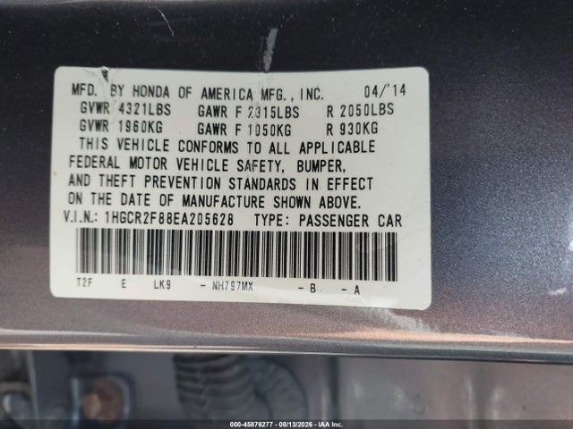 45876277 :رقم المزاد ، 1HGCR2F88EA205628 vin ، 2014 Honda Accord Ex-l مزاد بيع