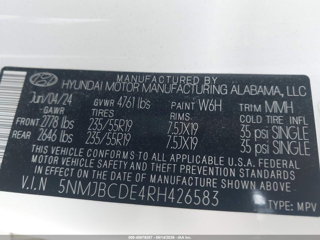 Aukcja sprzedaży 2024 Hyundai Tucson Sel, vin: 5NMJBCDE4RH426583, numer aukcji: 45876287