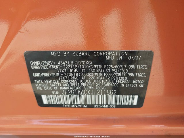 45876302 :رقم المزاد ، JF2GTAACXJH211862 vin ، 2018 Subaru Crosstrek 2.0i مزاد بيع