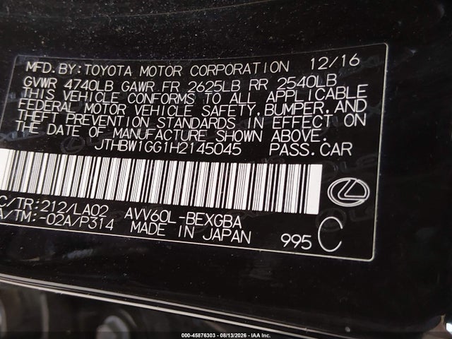 Aukcja sprzedaży 2017 Lexus Es 300h, vin: JTHBW1GG1H2145045, numer aukcji: 45876303