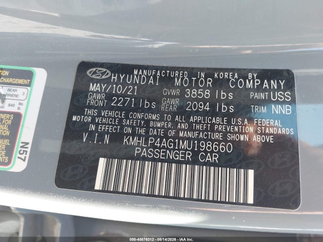 2021 Hyundai Elantra Limited მანქანა იყიდება აუქციონზე, vin: KMHLP4AG1MU198660, აუქციონის ნომერი: 45876312