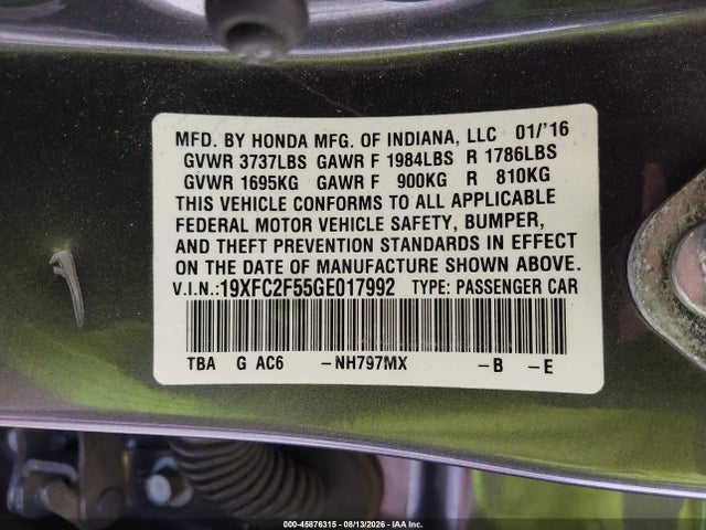 Honda Civic Lx 2016 19XFC2F55GE017992 Image 9