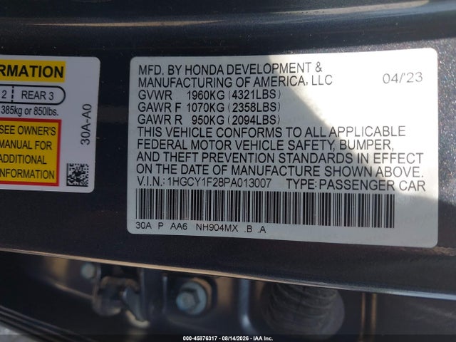 Продажа на аукционе авто 2023 Honda Accord Lx, vin: 1HGCY1F28PA013007, номер лота: 45876317