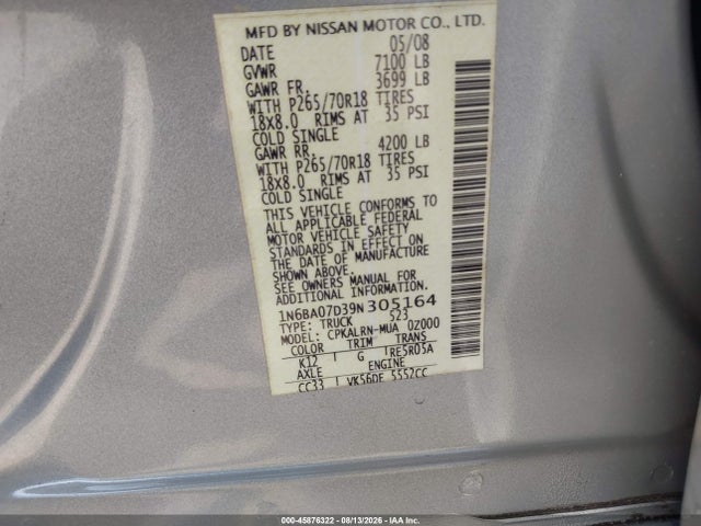 Продаж на аукціоні авто 2009 Nissan Titan Xe, vin: 1N6BA07D39N305164, номер лоту: 45876322