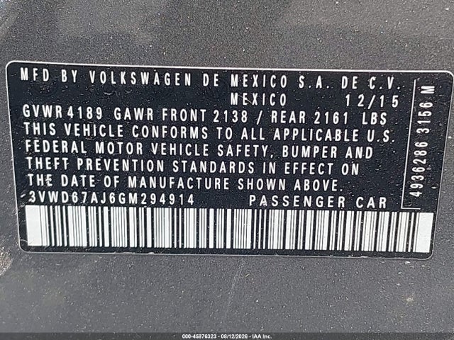 2016 Volkswagen Jetta 1.4t Se მანქანა იყიდება აუქციონზე, vin: 3VWD67AJ6GM294914, აუქციონის ნომერი: 45876323