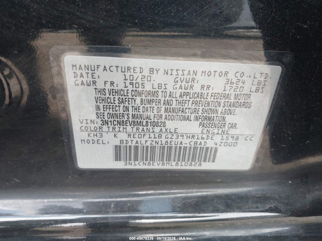 45876326 :رقم المزاد ، 3N1CN8EV8ML810828 vin ، 2021 Nissan Versa Sv Xtronic Cvt مزاد بيع