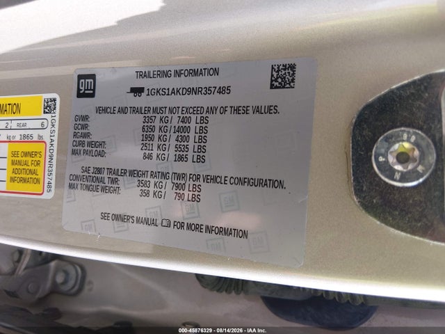 Aukcja sprzedaży 2022 Gmc Yukon 2wd Sle, vin: 1GKS1AKD9NR357485, numer aukcji: 45876329