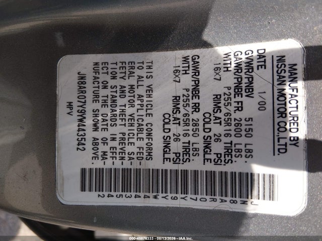 Продажа на аукционе авто 2000 Nissan Pathfinder Le/se/xe, vin: JN8AR07Y9YW443542, номер лота: 45876333
