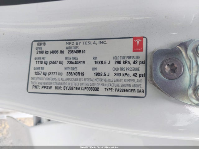 Aukcja sprzedaży 2018 Tesla Model 3 Long Range/mid Range, vin: 5YJ3E1EA7JF008332, numer aukcji: 45876349