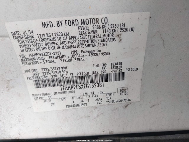 45876360 :رقم المزاد ، 1FAHP2E8XEG152381 vin ، 2014 Ford Taurus Sel مزاد بيع