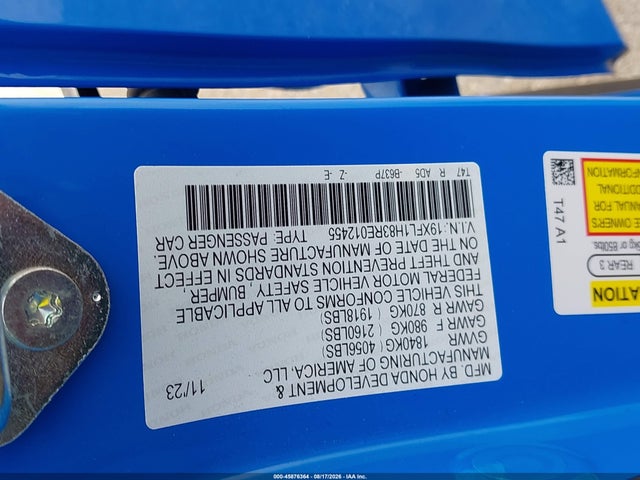 2024 Honda Civic Sport Touring მანქანა იყიდება აუქციონზე, vin: 19XFL1H83RE012455, აუქციონის ნომერი: 45876364