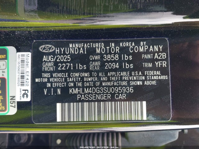 45876365 :رقم المزاد ، KMHLM4DG3SU095936 vin ، 2025 Hyundai Elantra Sel Sport مزاد بيع