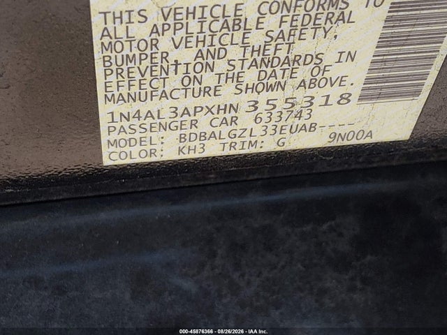 45876366 :رقم المزاد ، 1N4AL3APXHN355318 vin ، 2017 Nissan Altima 2.5 S مزاد بيع