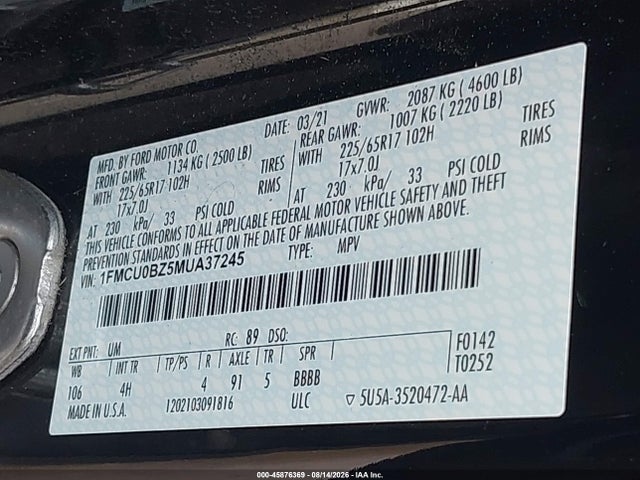 45876369 :رقم المزاد ، 1FMCU0BZ5MUA37245 vin ، 2021 Ford Escape Se Hybrid مزاد بيع