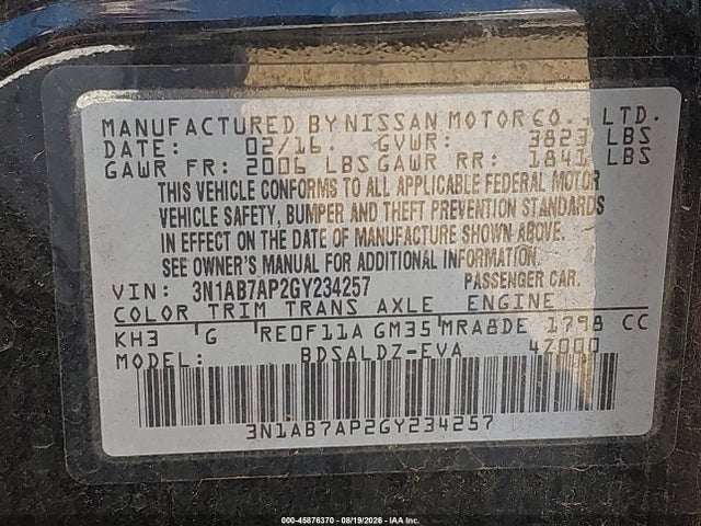 3N1AB7AP2GY234257 Nissan SENTRA SV