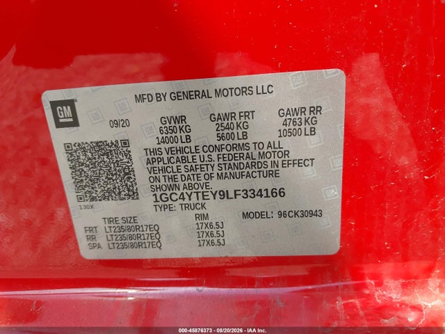 45876373 :رقم المزاد ، 1GC4YTEY9LF334166 vin ، 2020 Chevrolet Silverado 3500hd 4wd  Long Bed Lt مزاد بيع