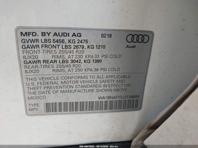 Продаж на аукціоні авто 2018 Audi Q5 2.0t Premium/2.0t Tech Premium, vin: WA1BNAFY3J2139889, номер лоту: 45876382