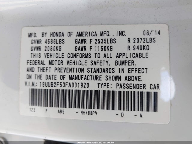 Продаж на аукціоні авто 2015 Acura Tlx V6 Tech, vin: 19UUB2F53FA001920, номер лоту: 45876384