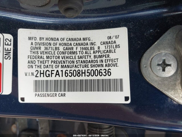 Aukcja sprzedaży 2008 Honda Civic Lx, vin: 2HGFA16508H500636, numer aukcji: 45876391