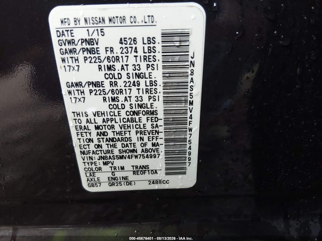 45876401 :رقم المزاد ، JN8AS5MV4FW754997 vin ، 2015 Nissan Rogue Select S مزاد بيع