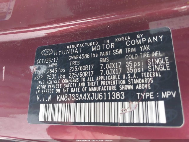 Продаж на аукціоні авто 2018 Hyundai Tucson Sel, vin: KM8J33A4XJU611383, номер лоту: 45876414