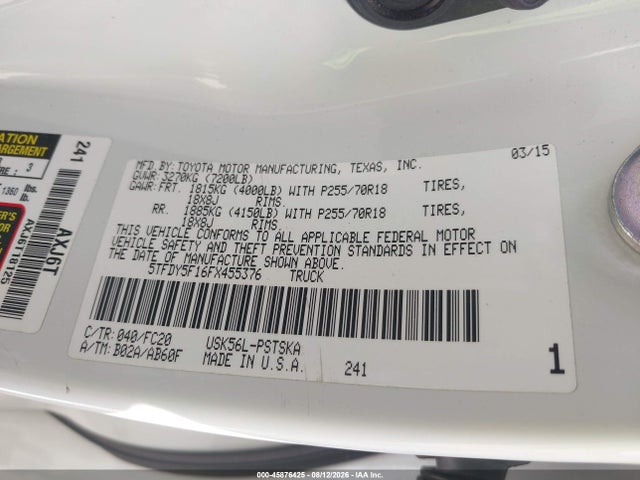 45876425 :رقم المزاد ، 5TFDY5F16FX455376 vin ، 2015 Toyota Tundra Sr5 5.7l V8 مزاد بيع