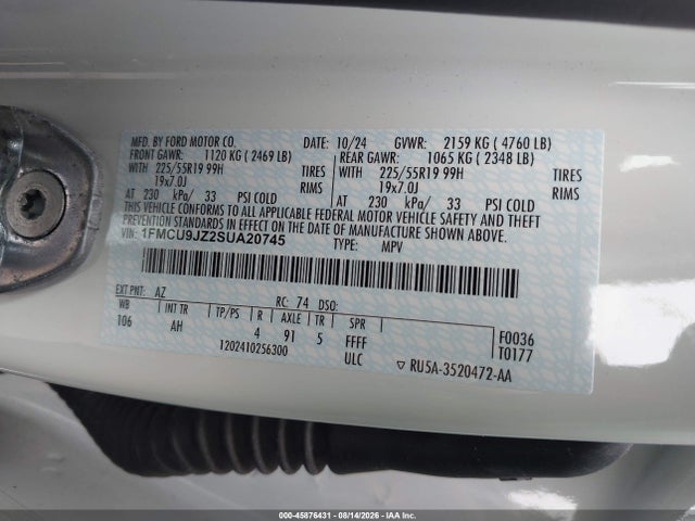 2025 Ford Escape Platinum მანქანა იყიდება აუქციონზე, vin: 1FMCU9JZ2SUA20745, აუქციონის ნომერი: 45876431
