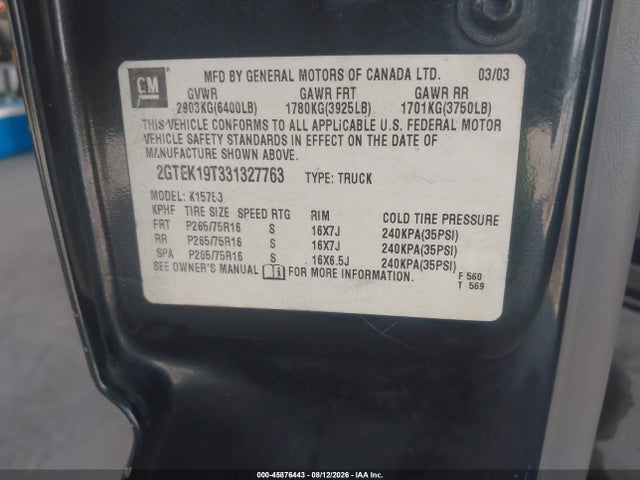 Aukcja sprzedaży 2003 Gmc Sierra 1500 Slt, vin: 2GTEK19T331327763, numer aukcji: 45876443