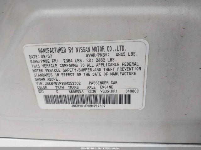 Продажа на аукционе авто 2008 Infiniti G35x, vin: JNKBV61F98M252302, номер лота: 45876461