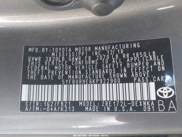 Toyota COROLLA LE 2019 5YFBURHE6KP922900 Image 9