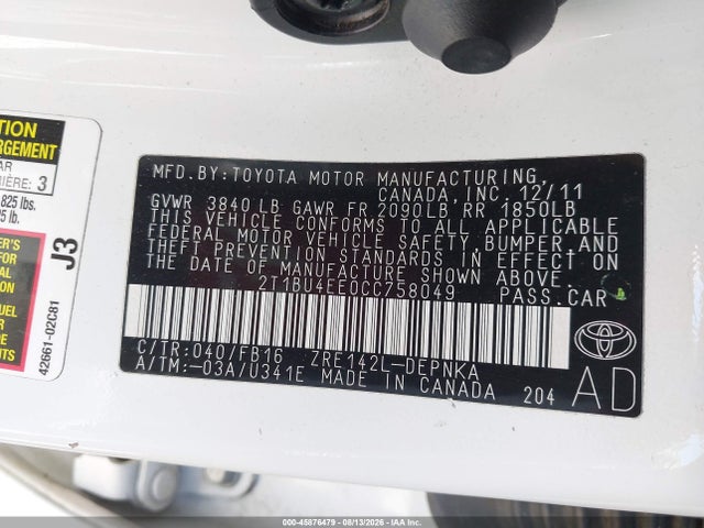 Продажа на аукционе авто 2012 Toyota Corolla Le, vin: 2T1BU4EE0CC758049, номер лота: 45876479
