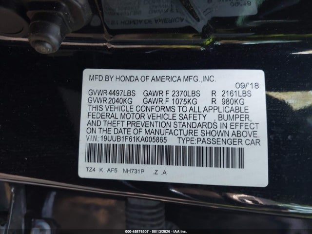 2019 Acura Tlx მანქანა იყიდება აუქციონზე, vin: 19UUB1F61KA005865, აუქციონის ნომერი: 45876507