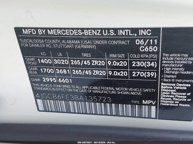 Продаж на аукціоні авто 2011 Mercedes-benz R 350 4matic, vin: 4JGCB6FE3BA135723, номер лоту: 45876521