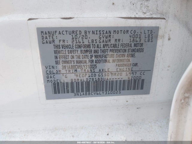 45876537 :رقم المزاد ، 3N1AB8CV6LY310025 vin ، 2020 Nissan Sentra Sv Xtronic Cvt مزاد بيع