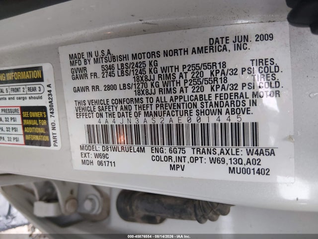 45876554 :رقم المزاد ، 4A4JN3AS2AE001445 vin ، 2010 Mitsubishi Endeavor Se مزاد بيع