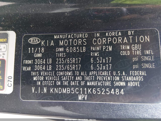 2019 Kia Sedona Lx მანქანა იყიდება აუქციონზე, vin: KNDMB5C11K6525484, აუქციონის ნომერი: 45876557