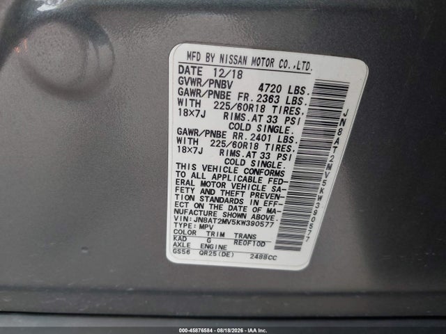 2019 Nissan Rogue Sv მანქანა იყიდება აუქციონზე, vin: JN8AT2MV5KW390577, აუქციონის ნომერი: 45876584