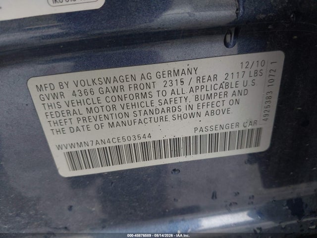 2012 Volkswagen Cc მანქანა იყიდება აუქციონზე, vin: WVWMN7AN4CE503544, აუქციონის ნომერი: 45876589
