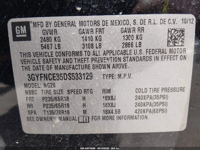 45876596 :رقم المزاد ، 3GYFNCE35DS533129 vin ، 2013 Cadillac Srx Luxury Collection مزاد بيع