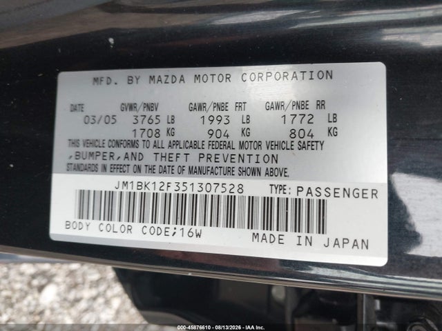 Продажа на аукционе авто 2005 Mazda Mazda3 I, vin: JM1BK12F351307528, номер лота: 45876610