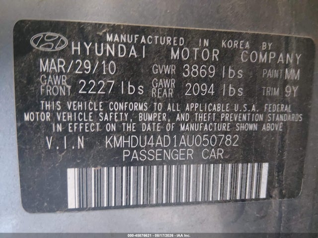 Aukcja sprzedaży 2010 Hyundai Elantra Gls, vin: KMHDU4AD1AU050782, numer aukcji: 45876621
