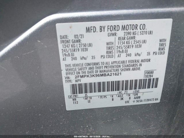 Продаж на аукціоні авто 2021 Ford Edge Titanium, vin: 2FMPK3K96MBA21621, номер лоту: 45876629