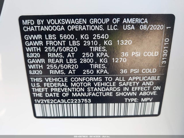 2020 Volkswagen Atlas Cross Sport 3.6l V6 Se W/technology/3.6l V6 Se W/technology R-line მანქანა იყიდება აუქციონზე, vin: 1V2YE2CA3LC223753, აუქციონის ნომერი: 45876635